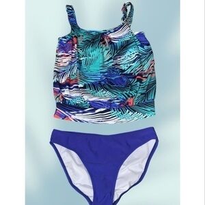 Tropical Teal/Blue Multicolor Foliage Tankini Swim Top & Bikini Bottoms Size 10